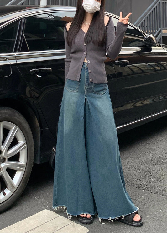 Navy Tasseled Denim Wide Leg Pants Skirts Fall
