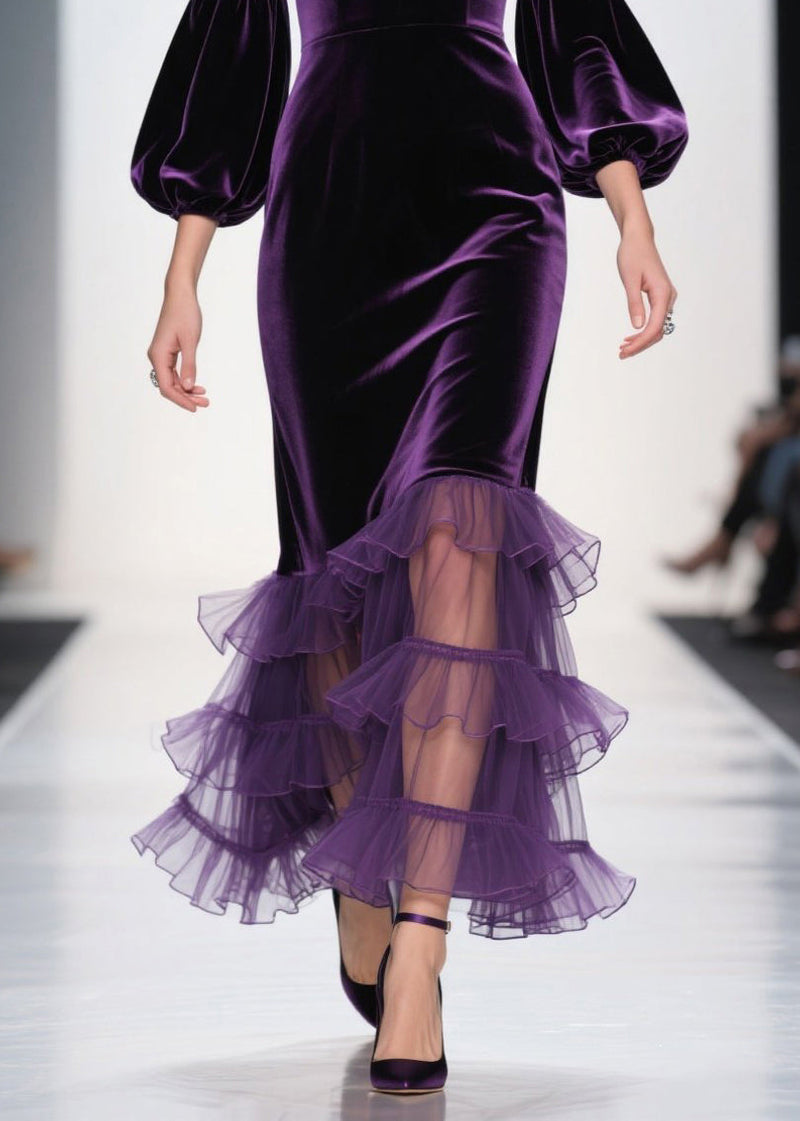 Purple V Neck Ruffled Patchwork Velvet Maxi Dresses Fall