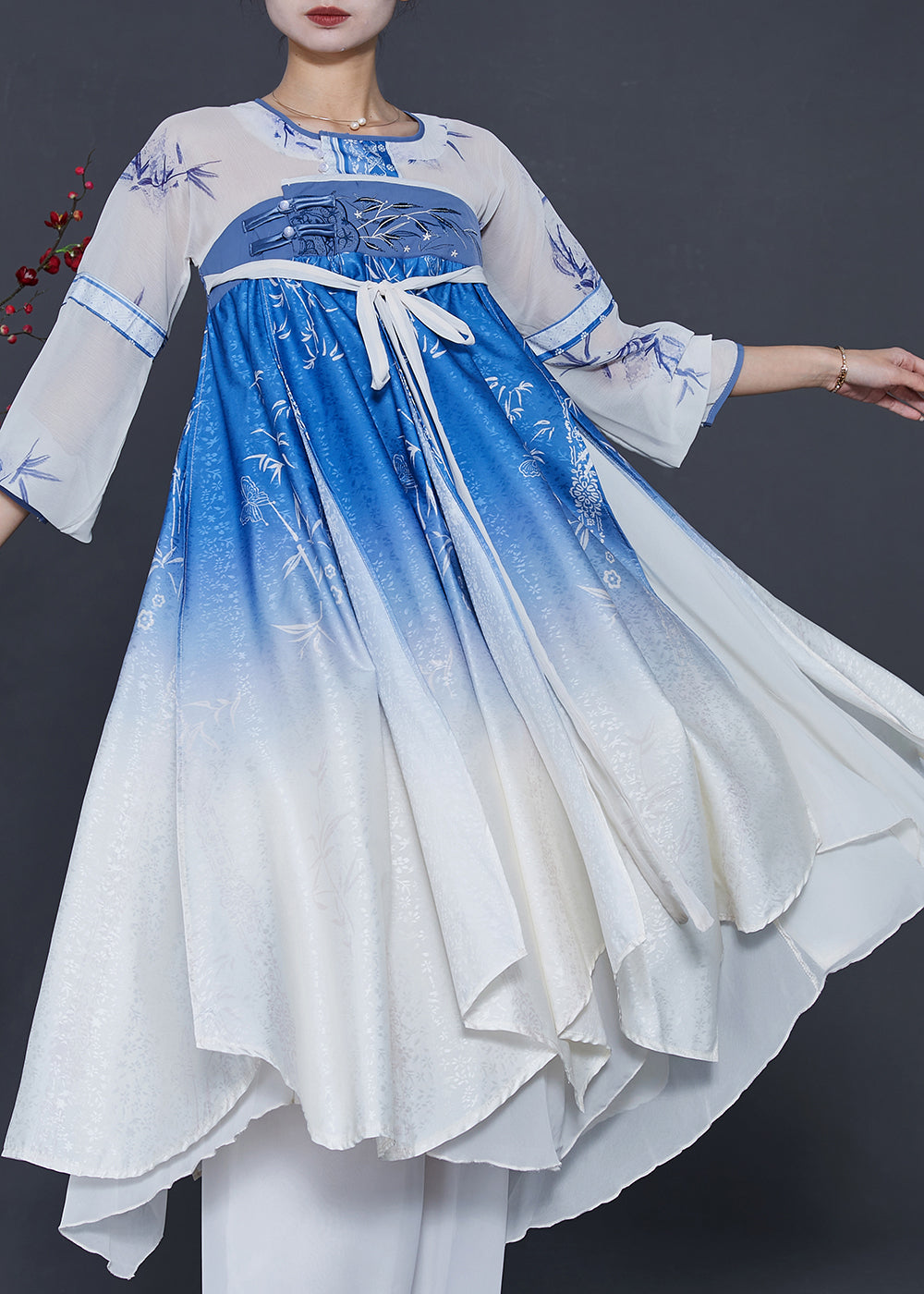 Style Blue Print Gradient Color Silk Dresses Summer