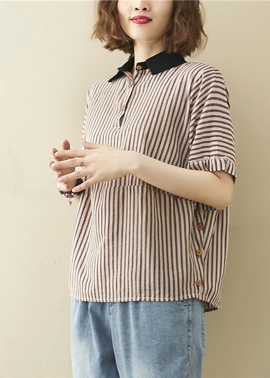 Art Khaki Striped Patchwork Linen Summer Top