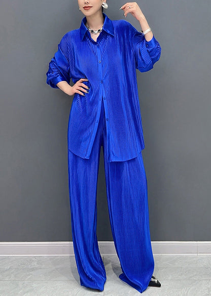 Blue Peter Pan Collar Shirts and Wide Leg Pants Two Piece Set Lantern Sleeve