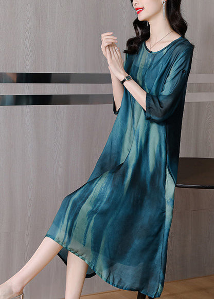 Blue Oversized Tie Dye Silk a Line Dress Summer