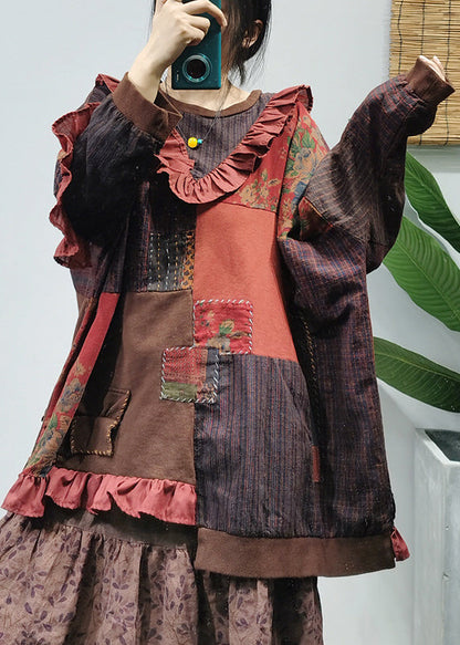 O-neck Asymmetrical Design Ruffled Patchwork Cotton Top Long Sleeve