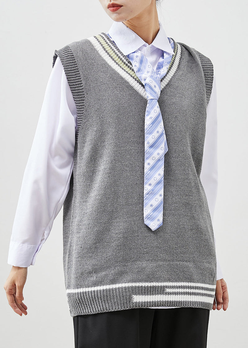 Diy Grey V Neck Knit Vest and Shirt Three Pieces Set Spring