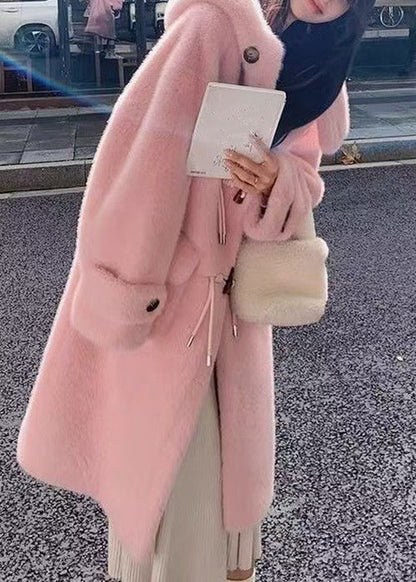 Pink Button Pockets Mink Velvet Coat Hooded Winter