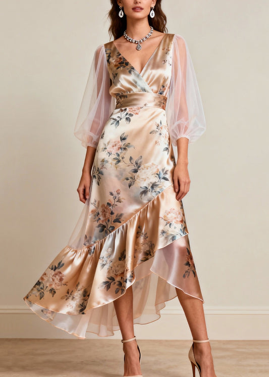 V Neck Print Tulle Patchwork Silk Dresses Sleeveless