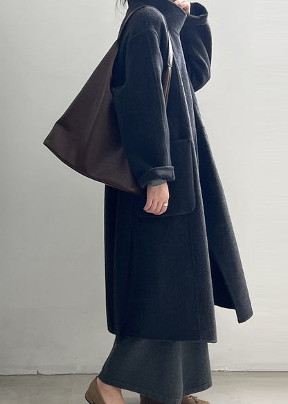 Italian Grey Stand Collar Pockets Tie Waist Woolen Coat Fall