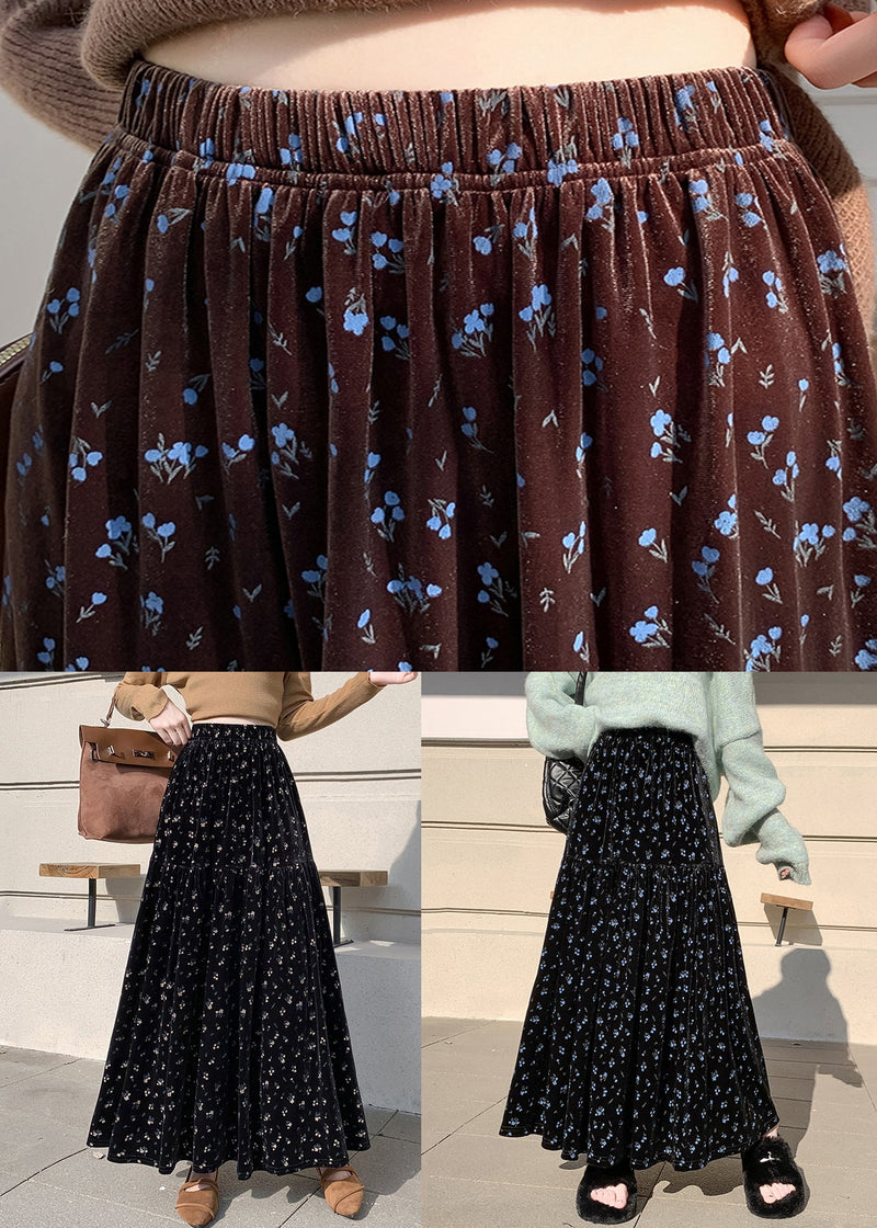 Apricot Print Wrinkled High Waist Velvet Skirts