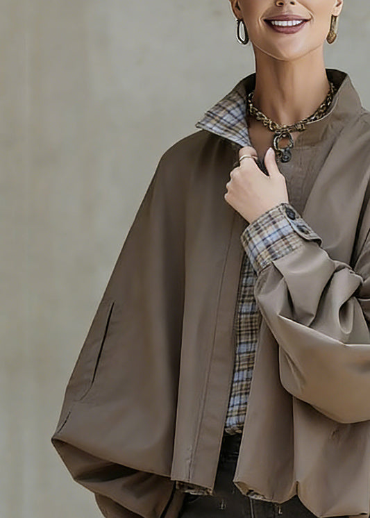 Khaki Stand Collar Pockets Patchwork Low High Design Coat Spring
