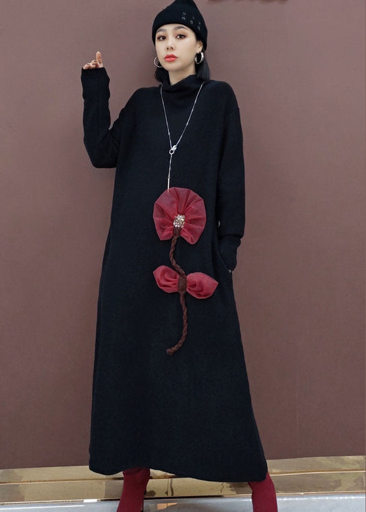 Black Turtle Neck Knit Knit Sweater Dress Spring