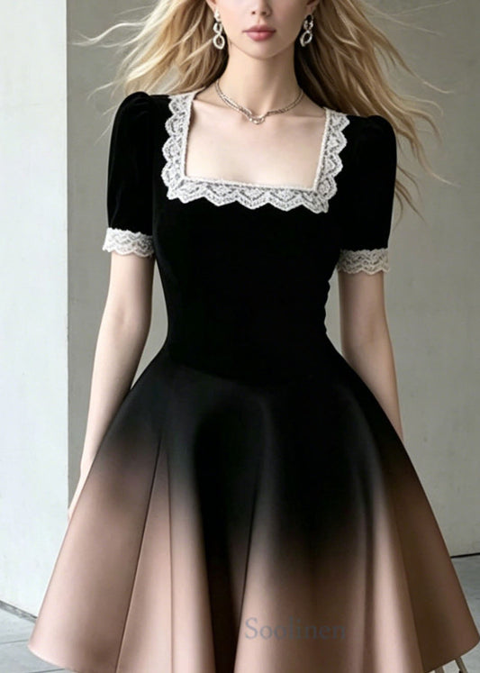 Gradient Color Square Collar Lace Patchwork Cotton Dress Summer