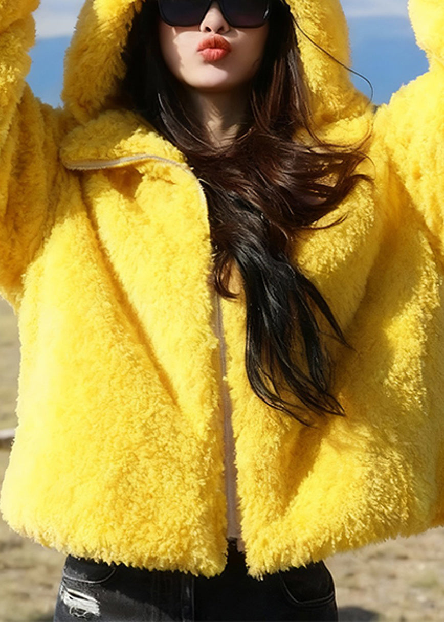 Yellow Hooded Rabbit Ears Zippered Fluffy Coats Winter
