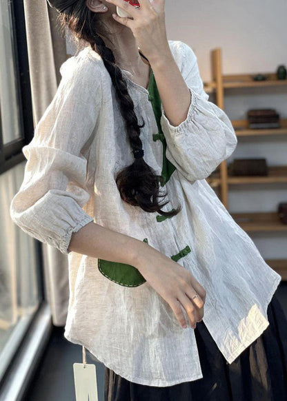 Yellow V Neck Button Patchwork Cotton Shirt Bracelet Sleeve
