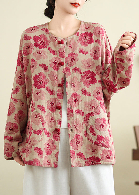 Red O Neck Pockets Print Cotton Shirts Coat Spring