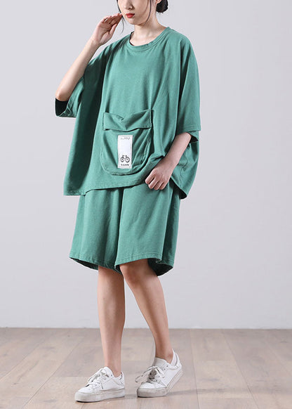 Blue O-neck Oversized Pocket Applique Cotton Tops and Shorts Two Pieces Set Summer
