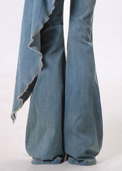 Blue Asymmetrical Patchwork Denim Flared Trousers Pants Spring