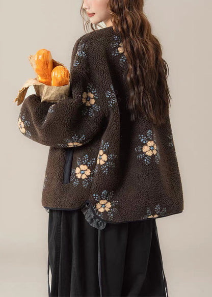 Apricot Pockets Coat and Yellow T Shirts Patchwork Fluffy Two Pieces Set O Neck