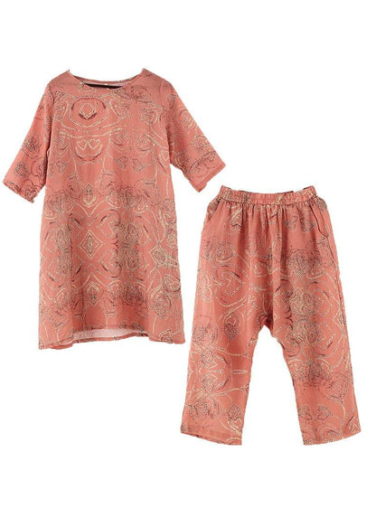 Italian Pink Print Ramie O-neck Short Sleeve Harem Two Pieces Set