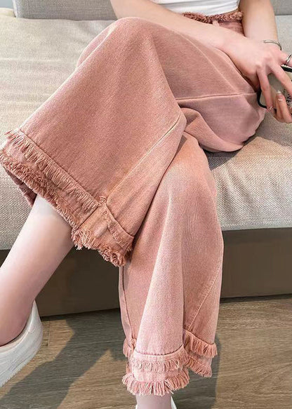 Pink Tasseled High Waist Denim Wide Leg Pants Spring