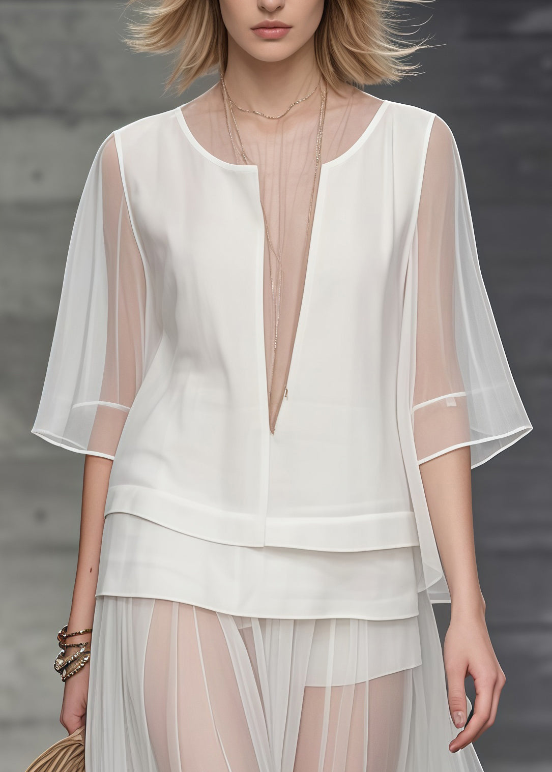 Unique White Deep-v Neck Patchwork Tulle Two Piece Set Clothing Summer