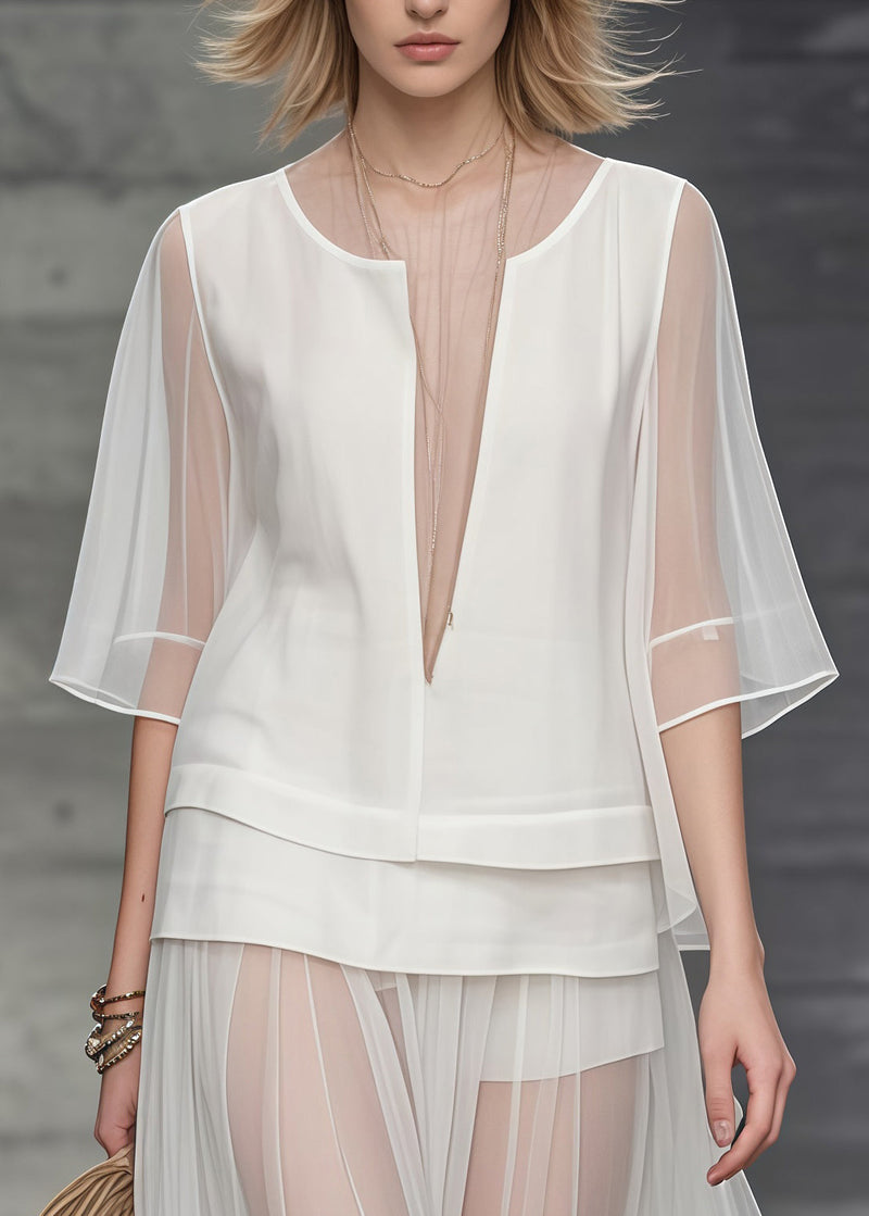 Unique White Deep-v Neck Patchwork Tulle Two Piece Set Clothing Summer