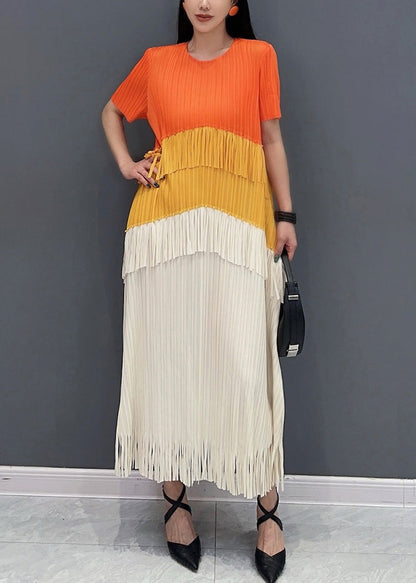 Orange Patchwork Silk Long Dress Tasseled O-neck Summer