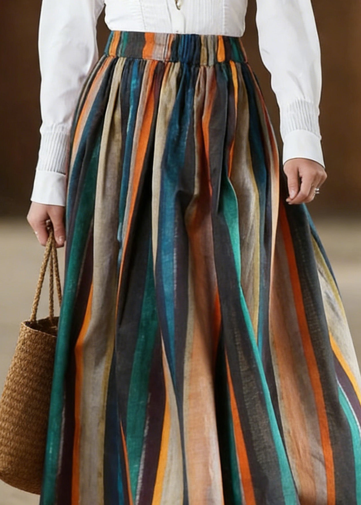 Striped a Line Retro Print Skirts Linen