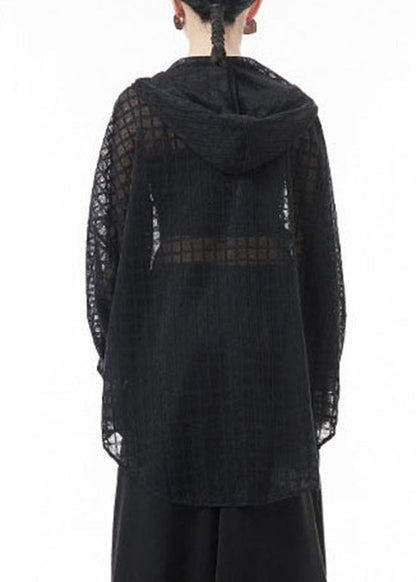 Loose Black Hollow Out Hooded Tulle Blouse Tops Batwing Sleeve