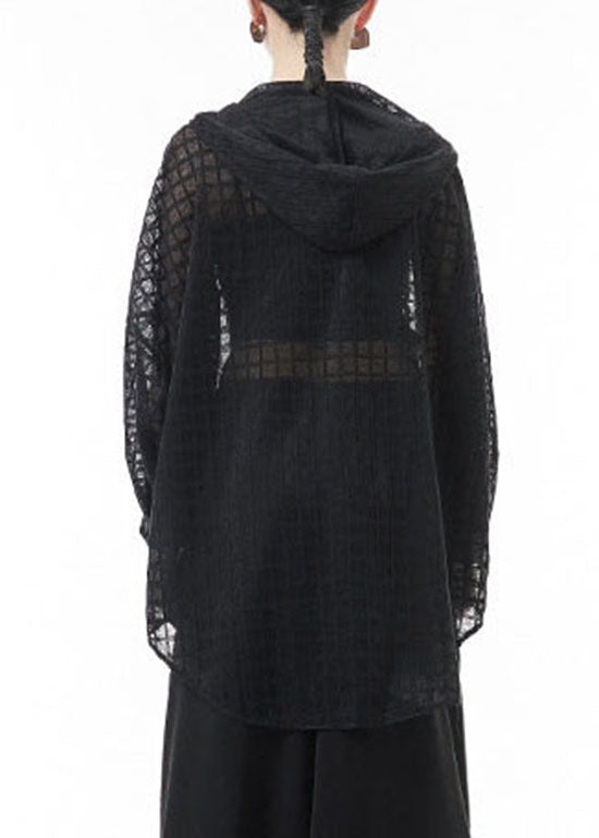 Loose Black Hollow Out Hooded Tulle Blouse Tops Batwing Sleeve