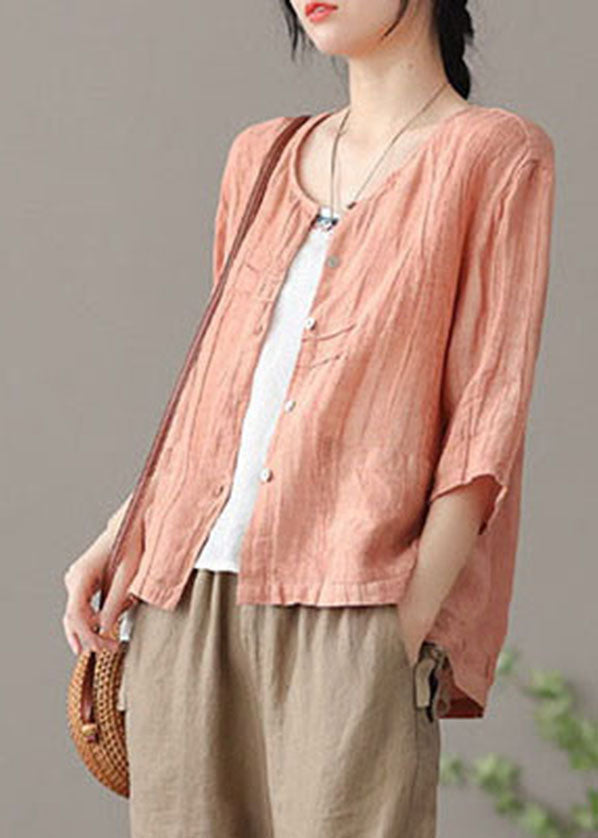Pink Wrinkled Button Linen Shirts Bracelet Sleeve