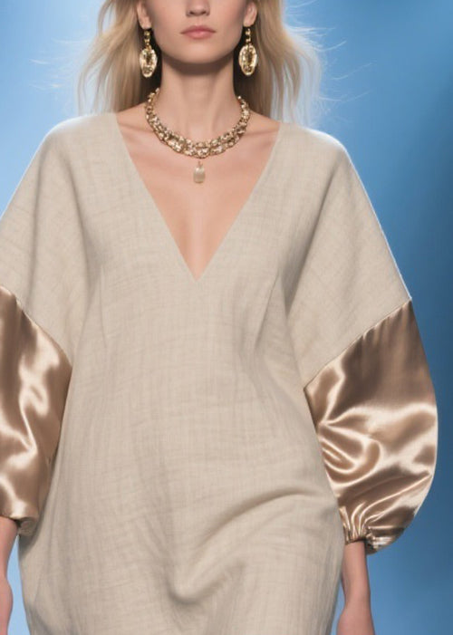 Champagne Color Silk Patchwork Oversized Linen Dress V Neck Spring