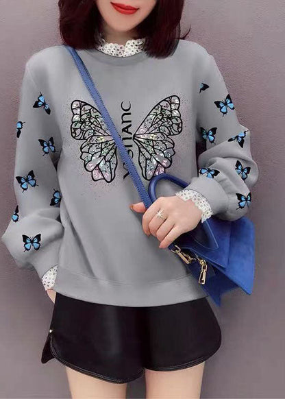 Grey Lace Patchwork Print Fall Sweatshirt Street Wear
