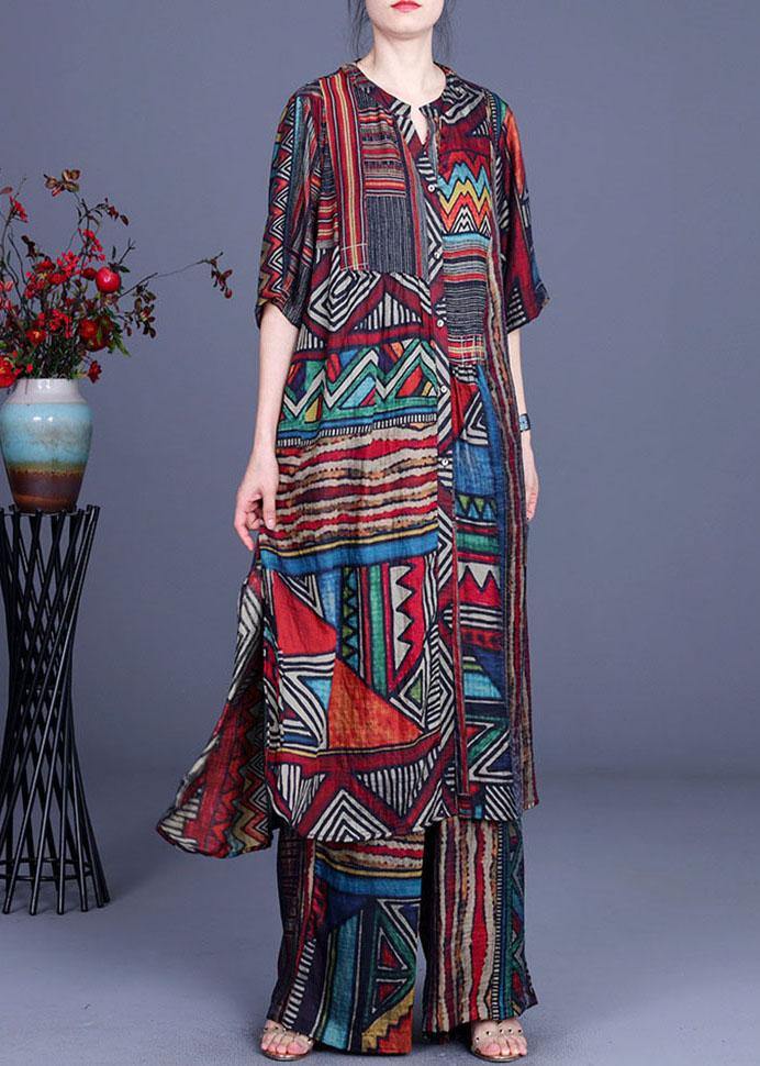 Stylish Geometric Printsilk Long Shirts Wide Leg Two Piece Suit Set