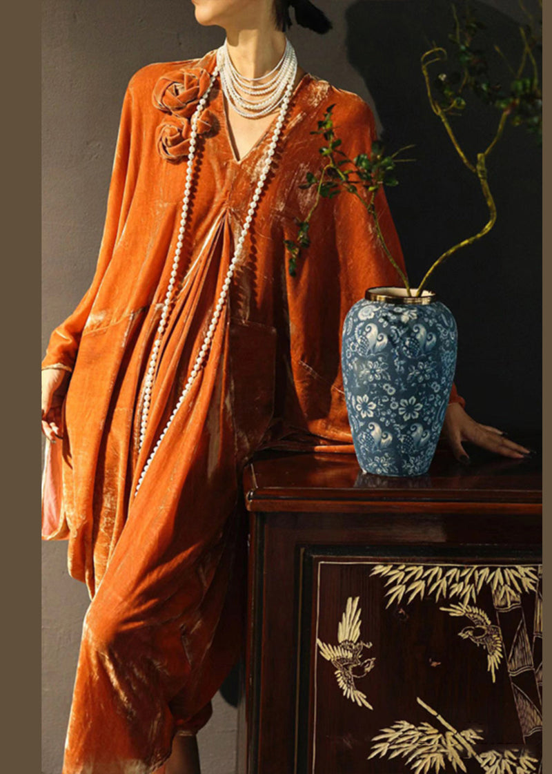 New Orange V Neck Silk Velour Dress Spring