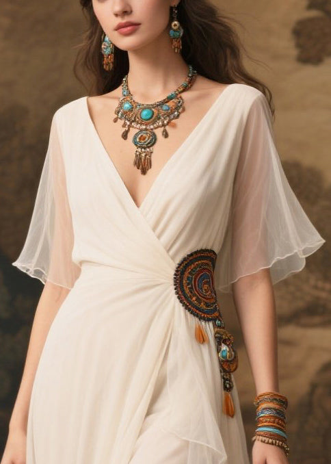 Art White Style Tasseled Side Open Tulle Ankle Dress Summer