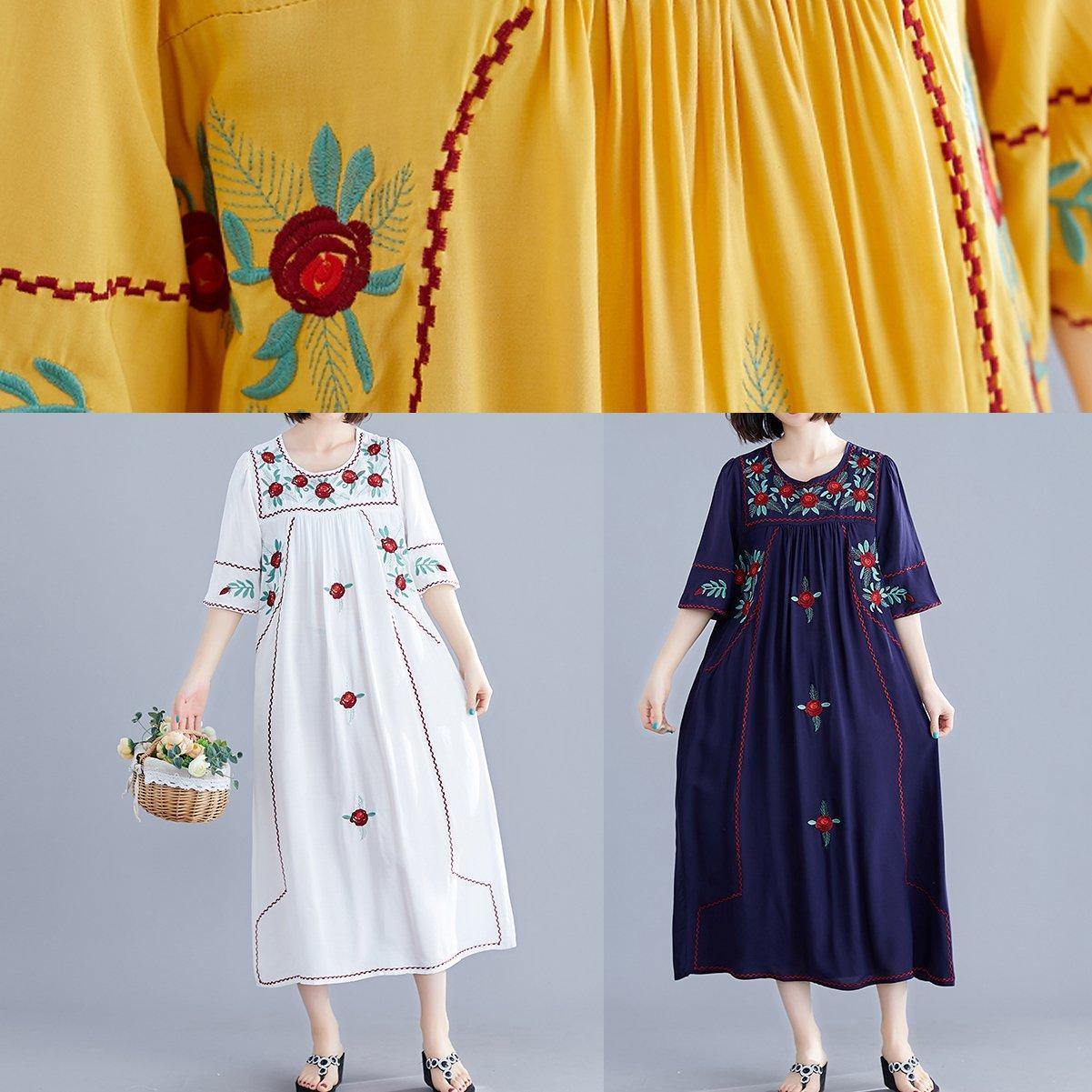 Handmade Navy Embroidery Cotton Clothes for O Neck Cinched Cotton Robes Summer Dress