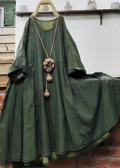 Loose Green O Neck Cotton Mid Dress Long Sleeve