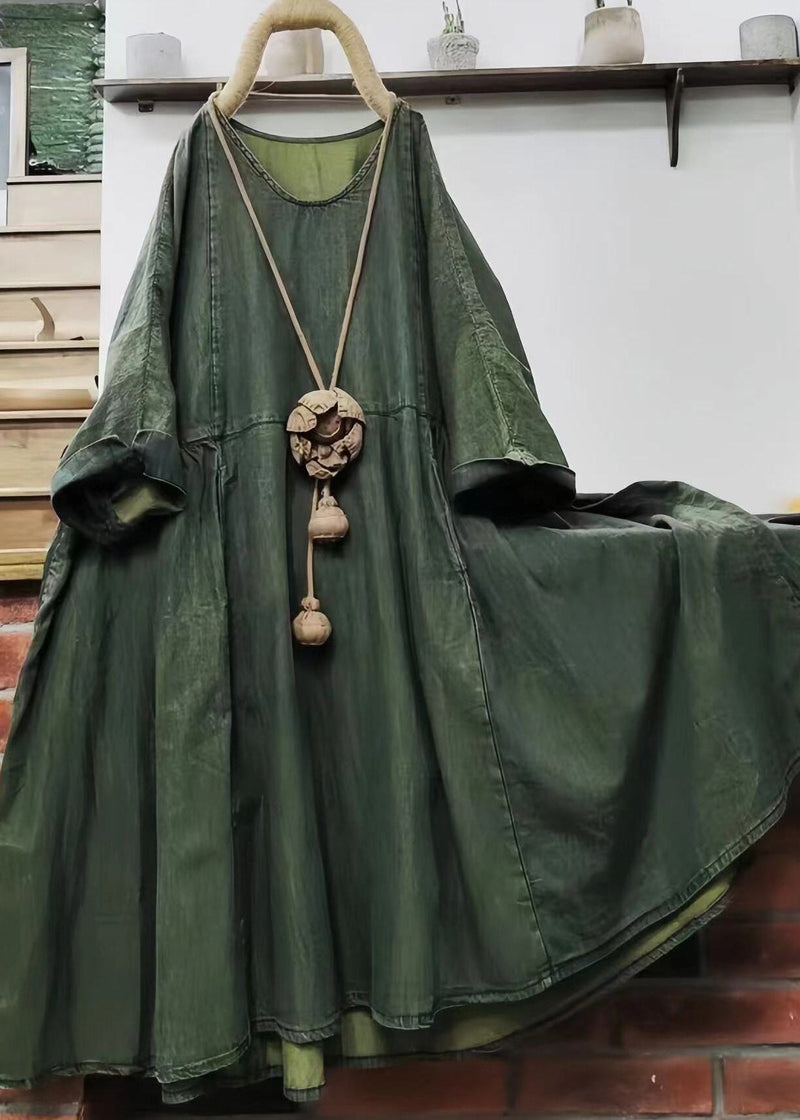 Loose Green O Neck Cotton Mid Dress Long Sleeve