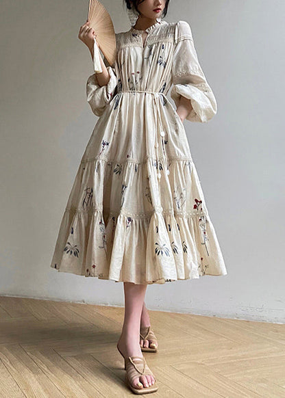 Loose Beige Embroidered Ruffled Pockets Linen Dress Long Sleeve Summer