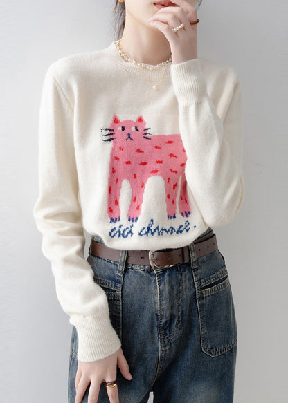 White Cat Jacquard Thick Sweater Tops Winter