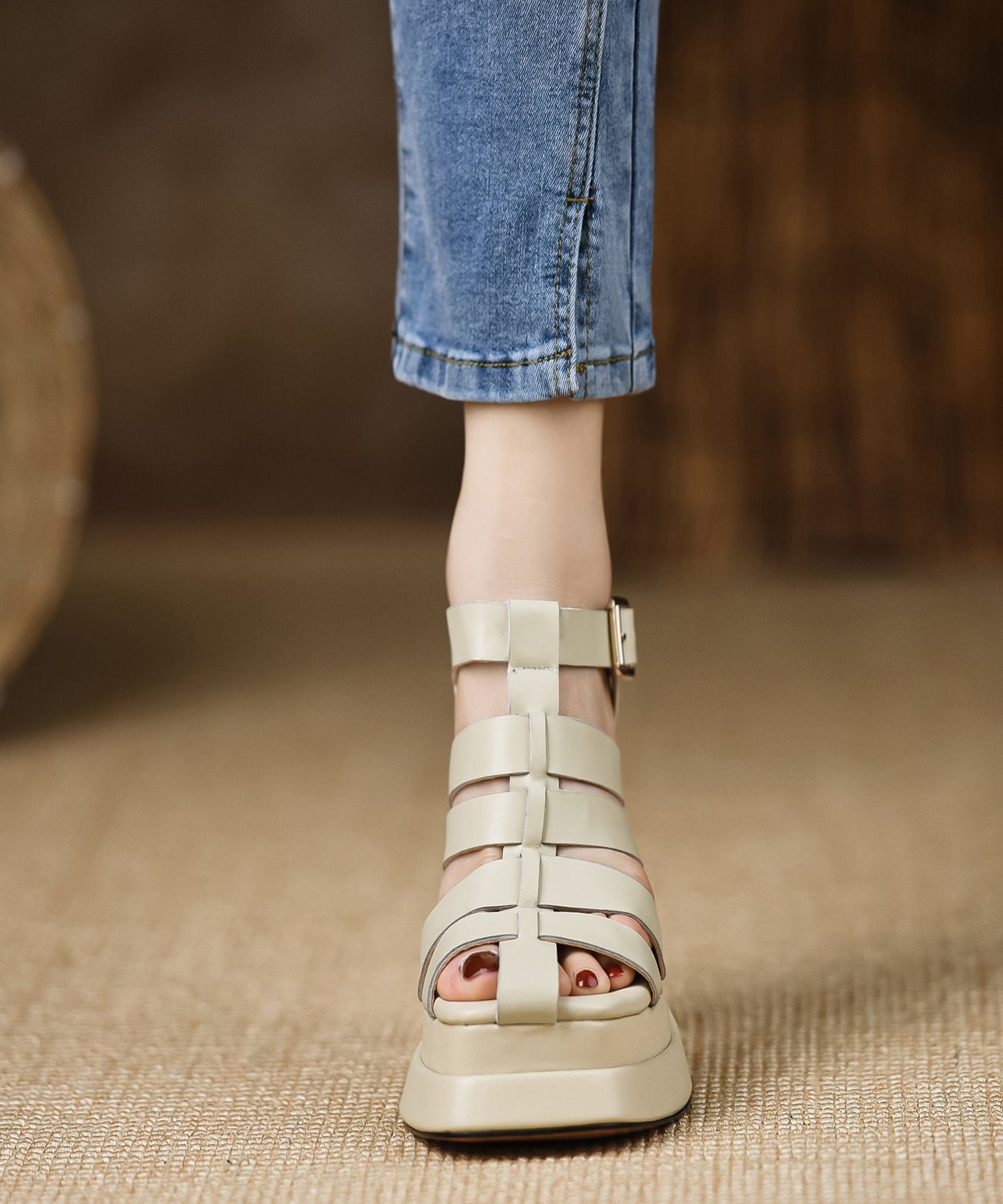 Splicing Hollow Out High Heels Sandals Black Cowhide Leather