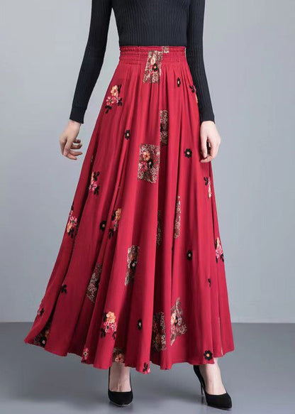 Loose Red Embroideried High Waist Patchwork Cotton Skirt Fall
