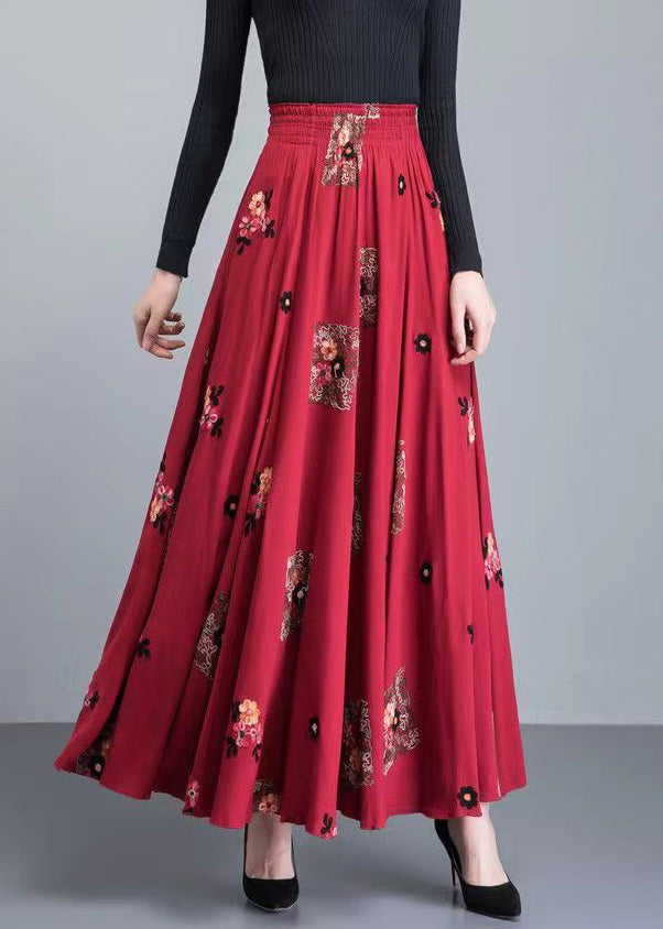 Loose Red Embroideried High Waist Patchwork Cotton Skirt Fall