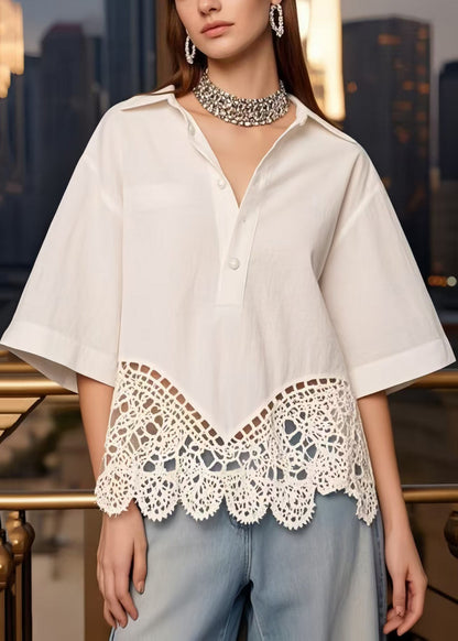 White Hollow Out Patchwork Cotton Tops Summer