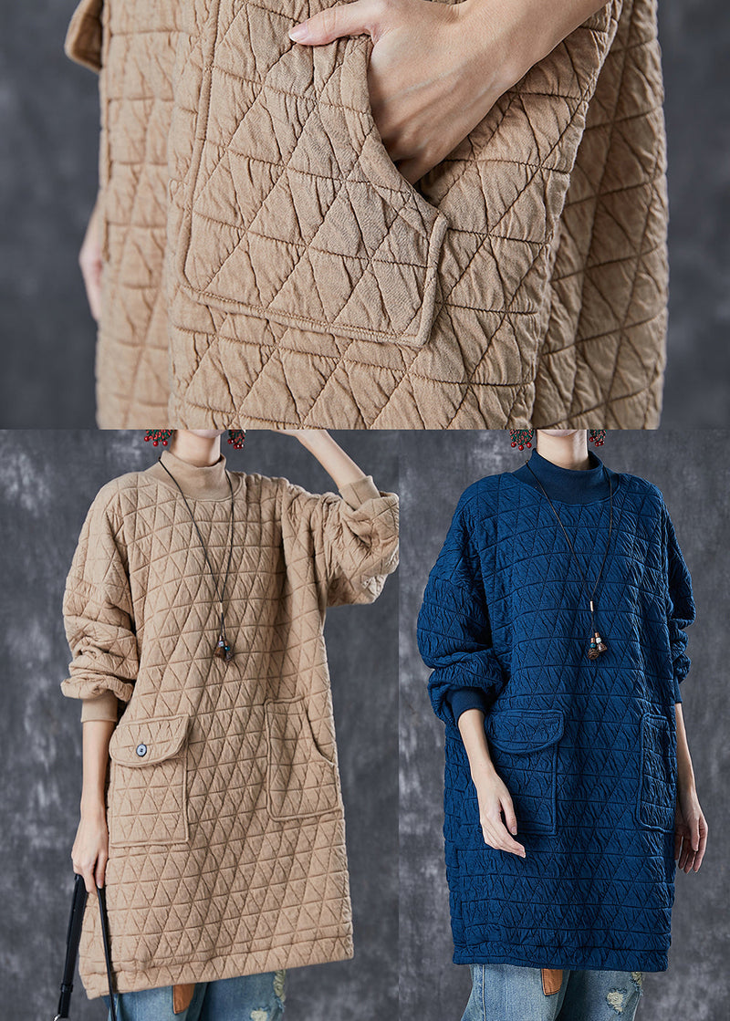 Khaki Stand Collar Pockets Fine Cotton Filled Loose Sweatshirt Dress Winter