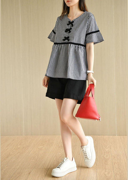 French Black White Plaid V Neck Summer Cotton Top Short Sleeve