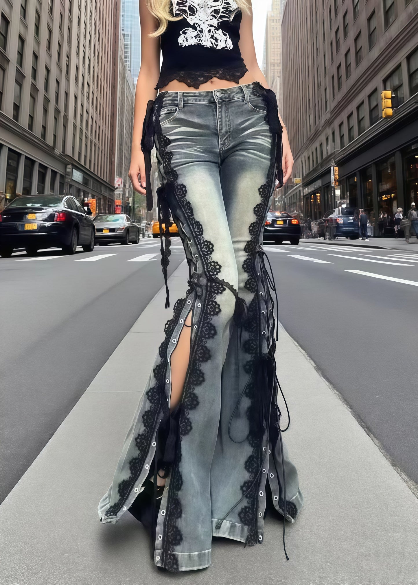 Stylish Lace Patchwork Side Open Denim Bell-bottom Trousers Summer