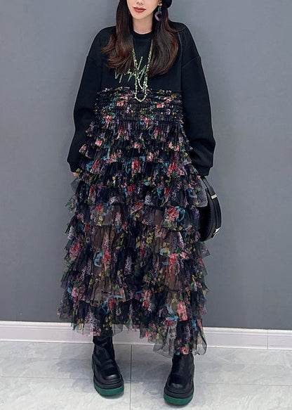 Black Print Chiffon Patchwork Dresses Long Sleeve