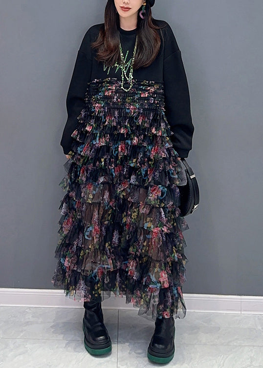 Black Print Chiffon Patchwork Dresses Long Sleeve