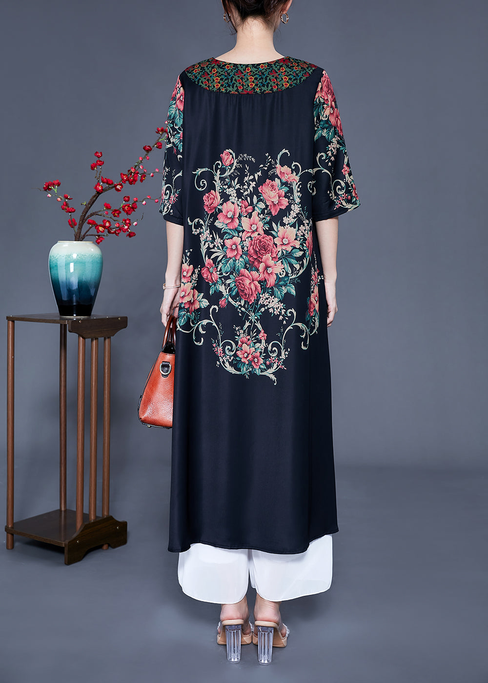 Black O-neck Print Silk Holiday Dress Half Sleeve